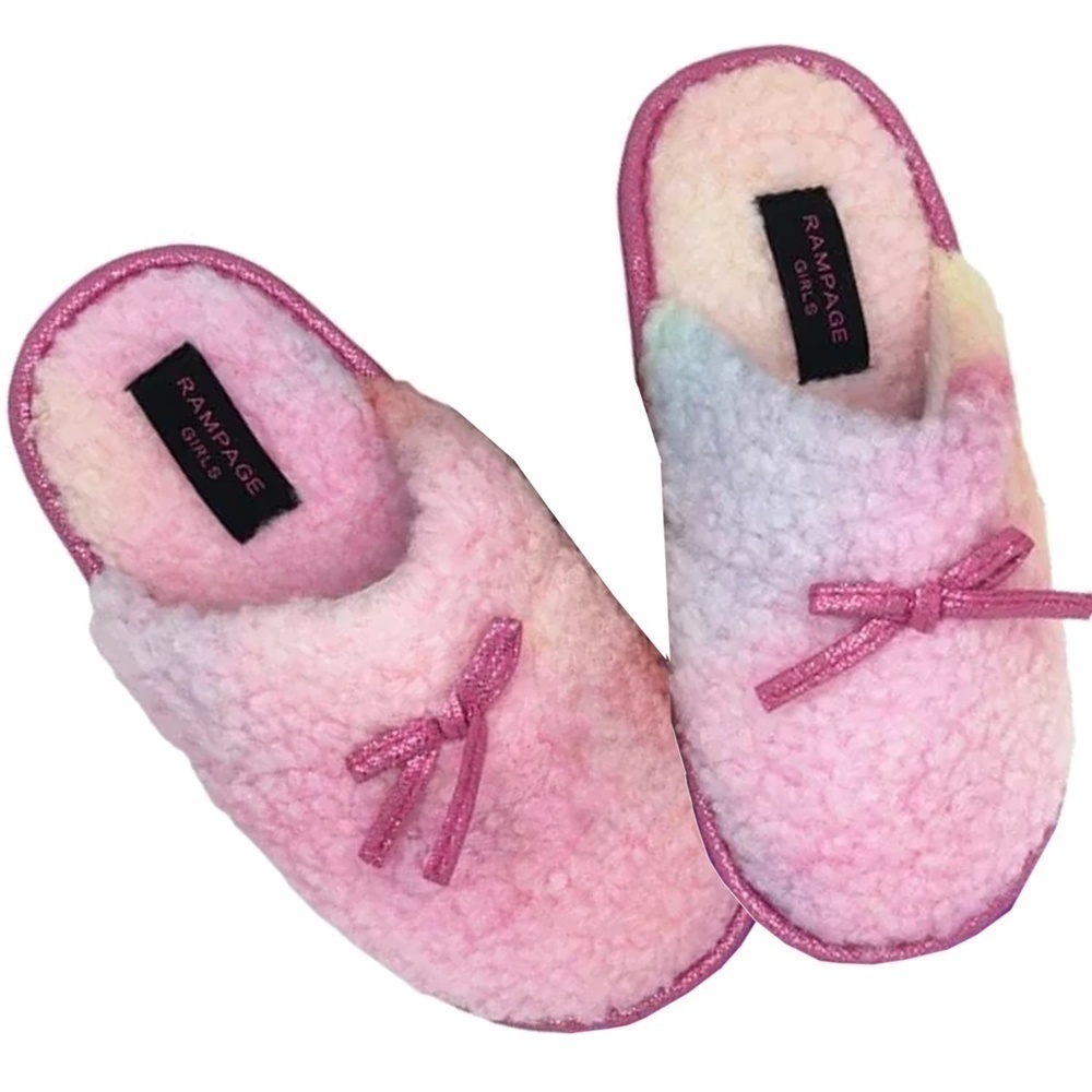 RAMPAGE Barbiecore Girls Slippers Fuchsia Multi Faux Fur Sherpa Slip On NIP